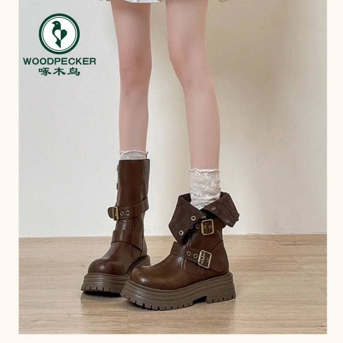 啄木鸟英伦风增高马丁靴女2025秋冬新款复古两穿中筒厚底时尚靴子