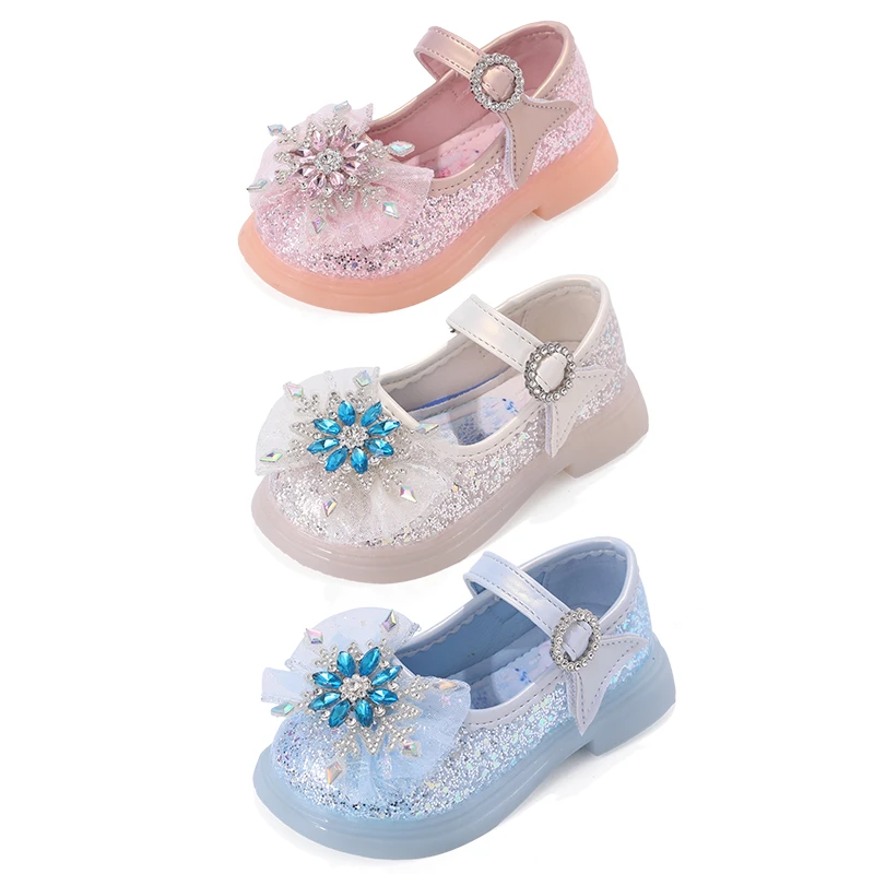 爱莎女童公主鞋水晶春秋软底单鞋2025新款洋气亮灯款小女孩小皮鞋