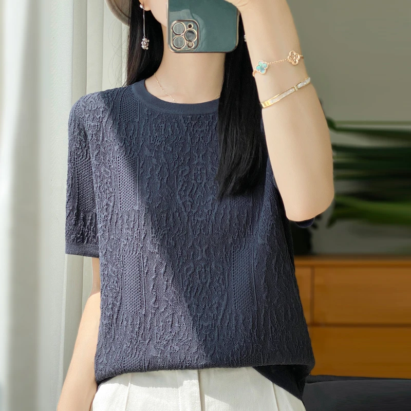 莱赛尔天丝短袖t恤2025新款透气女装夏季宽松薄款冰丝针织衫上衣