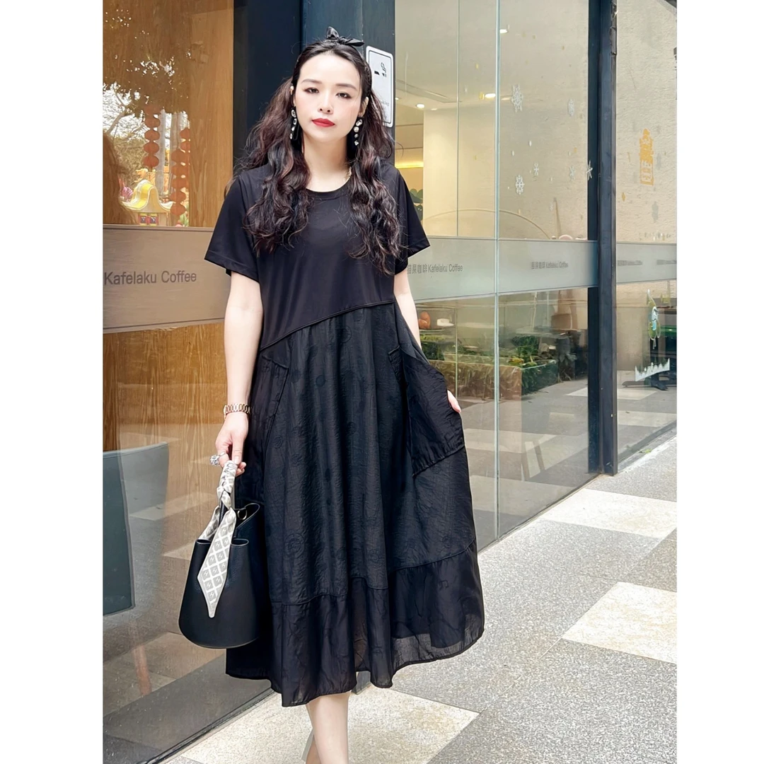 H32592 对称设计圆领拼接口袋气质时尚连衣裙