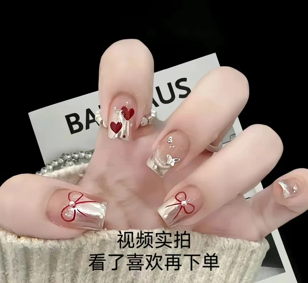 纯手工中长款蝴蝶结爱心穿戴甲渐变魔镜粉个性时尚美甲显白10片