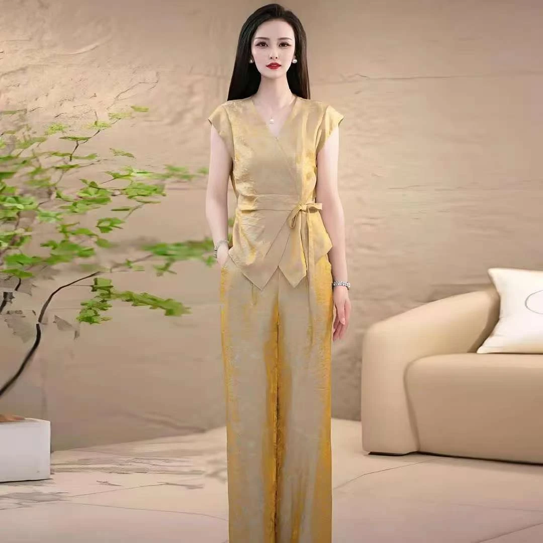 【纪朵研】859#时尚套装女夏新款洋气质显瘦短袖衬衫阔腿裤两件套