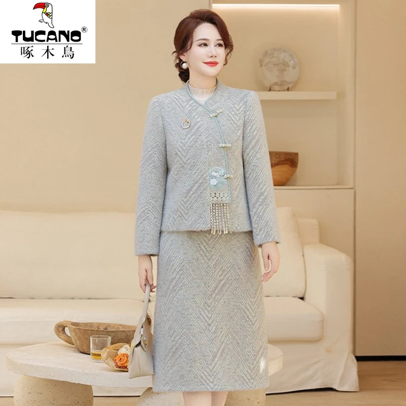 啄木鸟新中式妈妈秋装套装国风毛呢外套中老年时尚女装春秋洋气呢