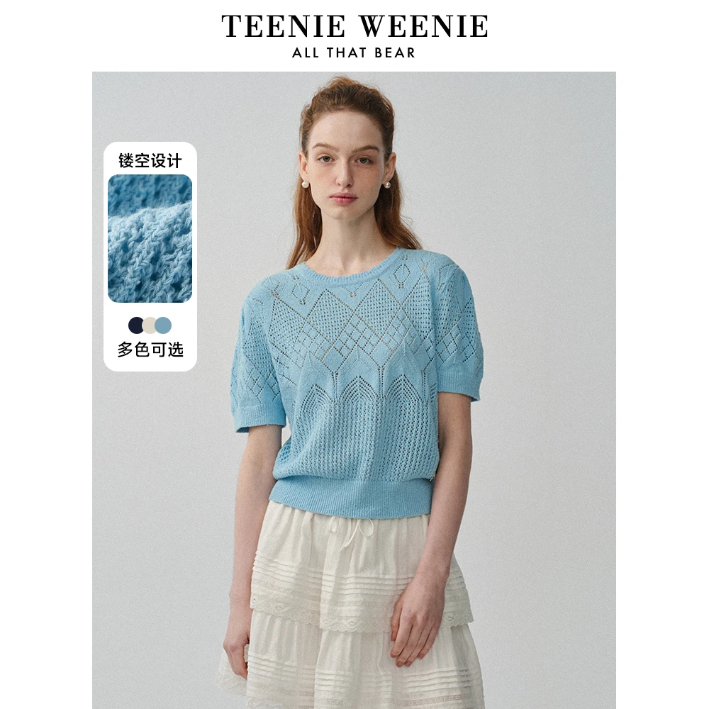 TeenieWeenie小熊24镂空钩花泡泡袖套头毛衣针织衫女TTKW246417I