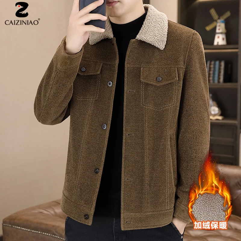 [可机洗 不掉毛]雪尼尔羊羔绒外套男冬春季翻领加绒夹克时尚修身