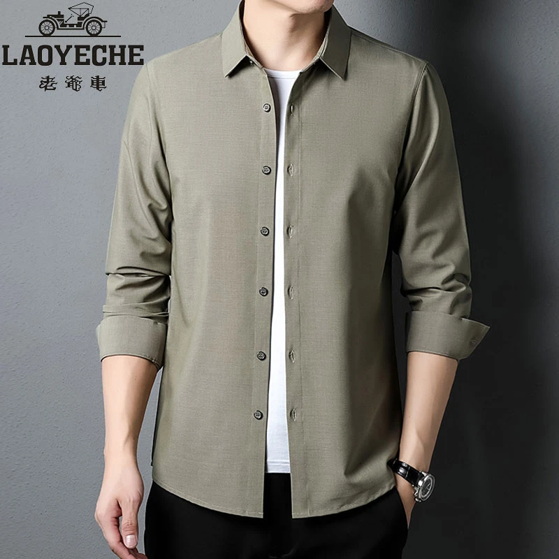 老爷车长袖不起球纯色方领男士春秋衬衫宽松翻领薄款上衣中年休闲