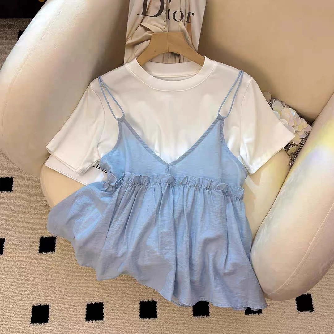 958 韩系两件V领外搭叠穿吊带背心+短袖T恤衫女