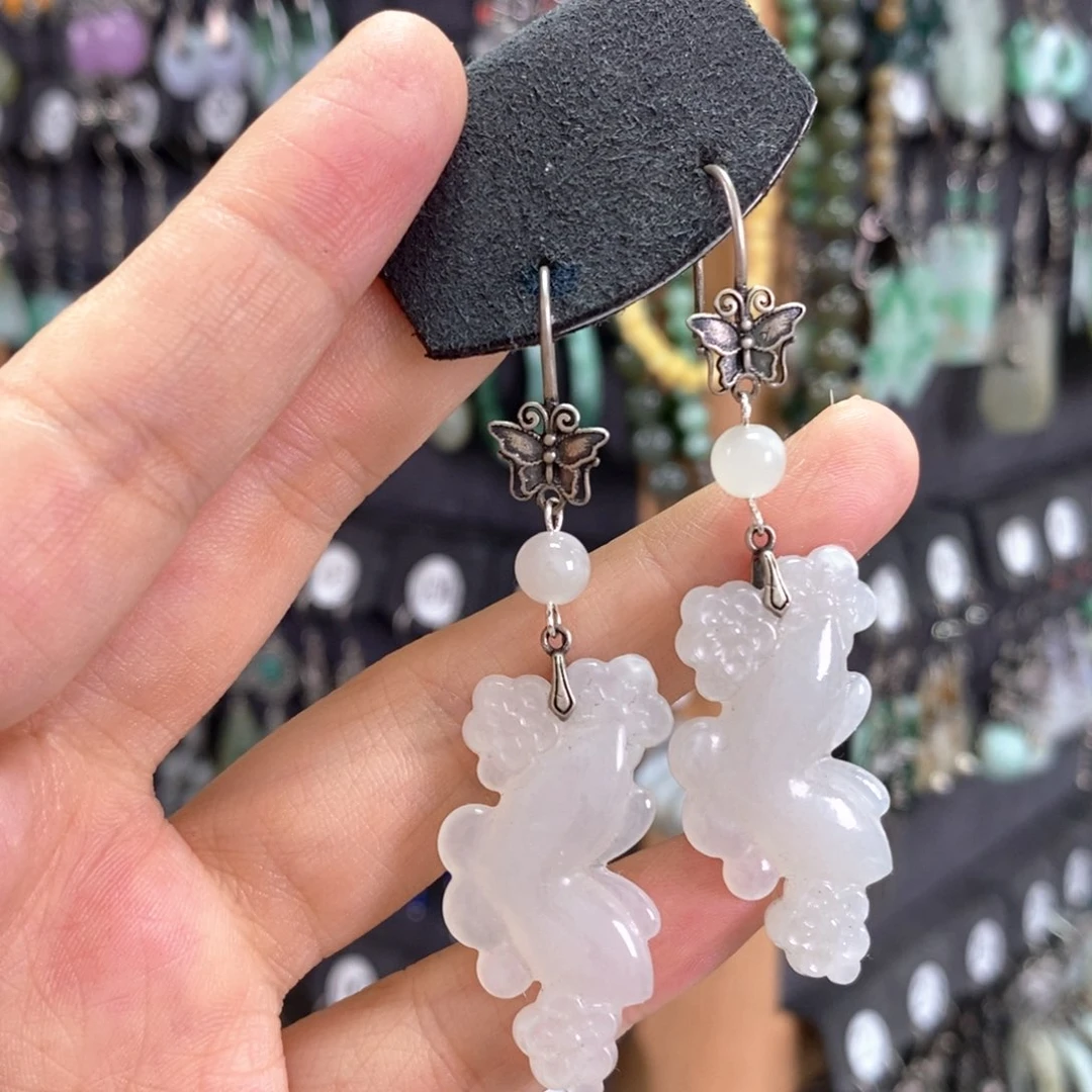 和田玉银S925镶嵌耳饰