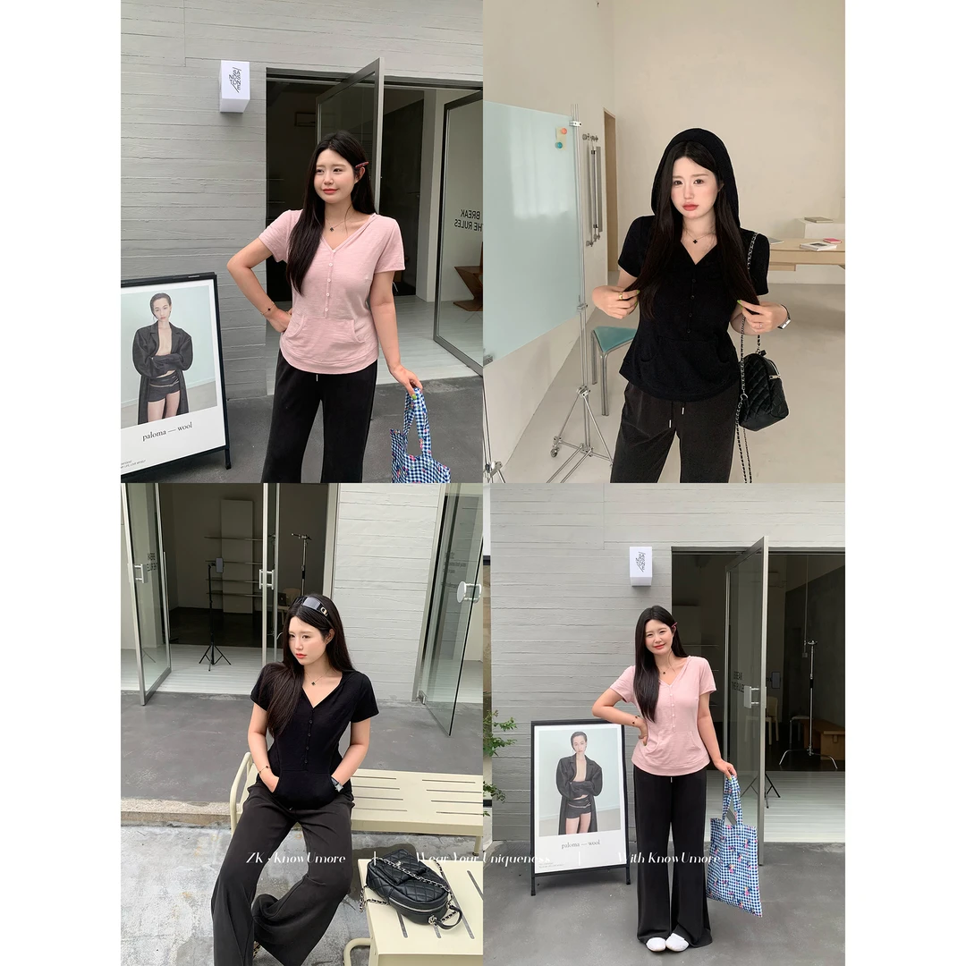 知葵微胖定制【纯欲桃桃】夏季小众修身辣妹连帽短袖T恤12251T8934