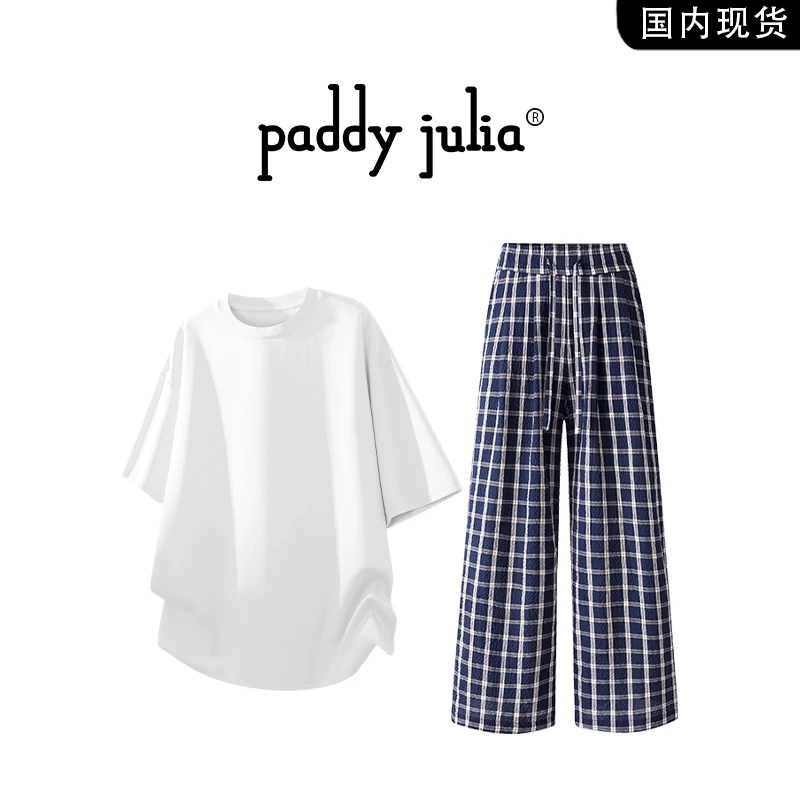 Paddy julia高级感短袖t恤套装男款夏季薄款休闲美式格子直筒裤