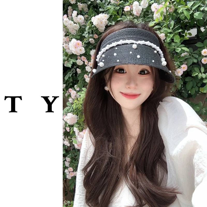 2025新款小香风水钻珍珠链发箍帽子女夏季遮阳空顶帽太阳帽