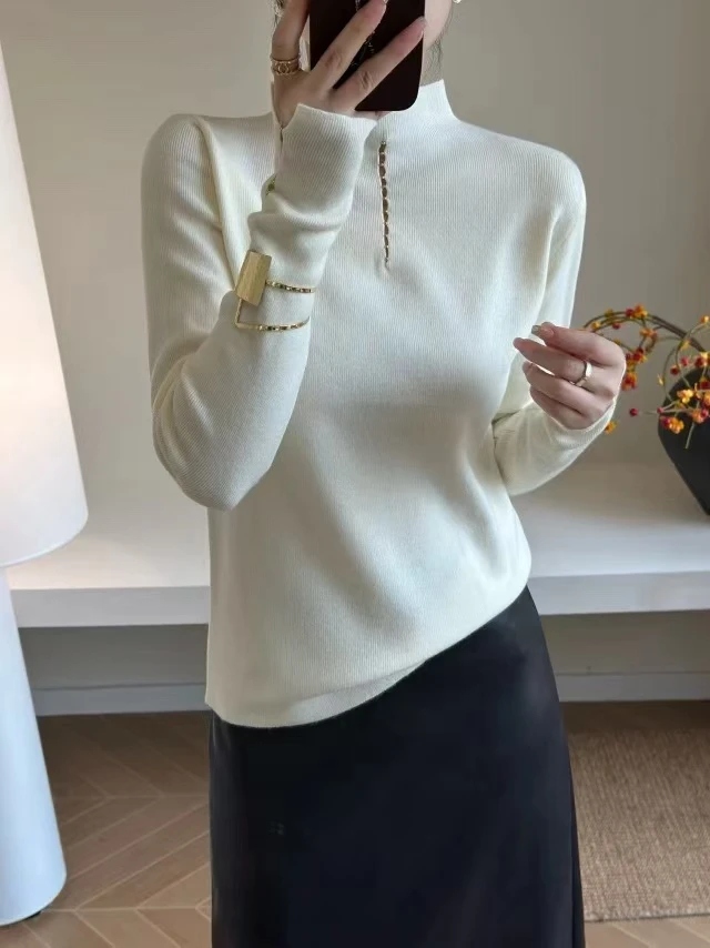 修身型圆领休闲风女针织毛针织衫网红百搭堆堆领秋冬