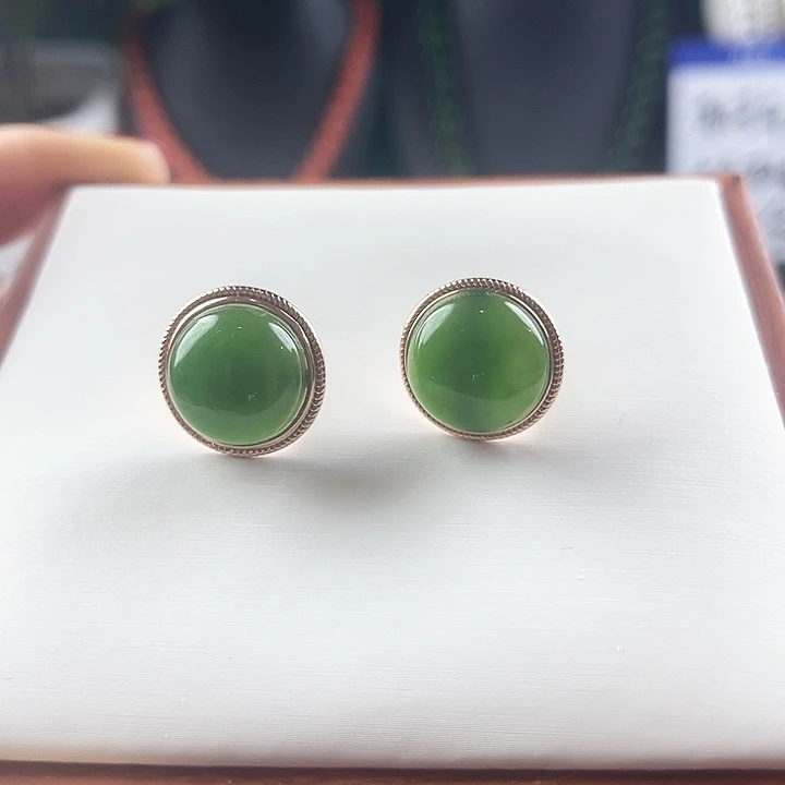 和田玉耳饰银S925镀金镶嵌俄碧耳钉