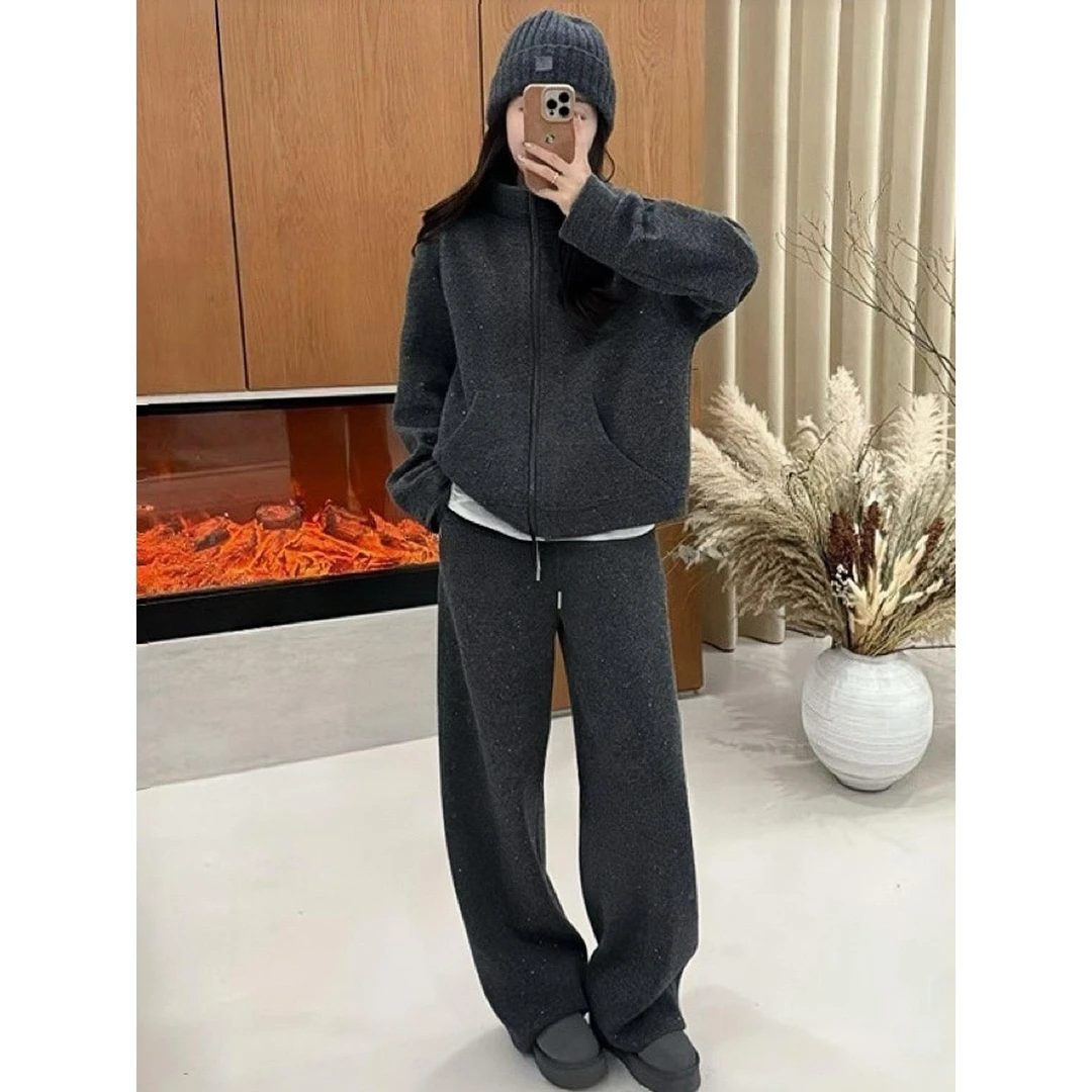 巨好看的两件套秋装松弛感运动休闲细闪加绒卫衣外套阔腿裤套装女