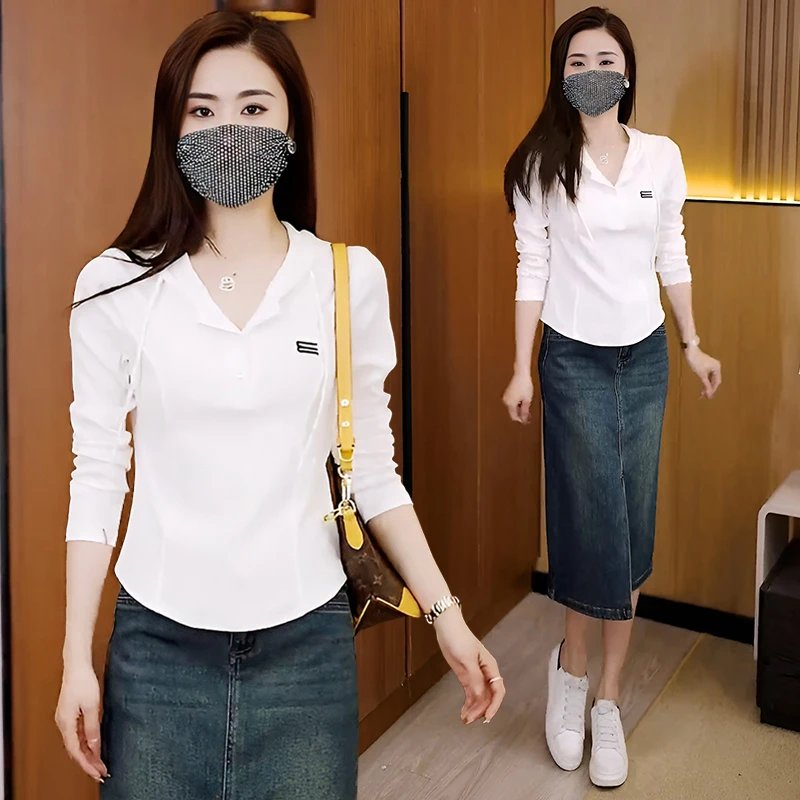 高含棉连帽长袖t恤女2025年春秋新款休闲洋气减龄打底衫内搭上衣