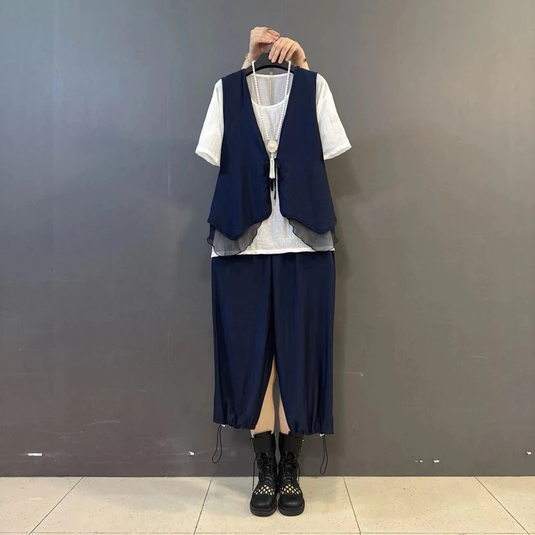 大码新款洋气雪纺拼接假两件马甲圆领Ｔ恤抽绳裤休闲三件套