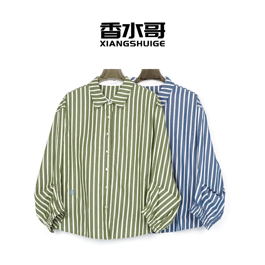 2025夏季新品女装休闲翻领长袖宽松条纹衬衫百搭设计感简约上衣
