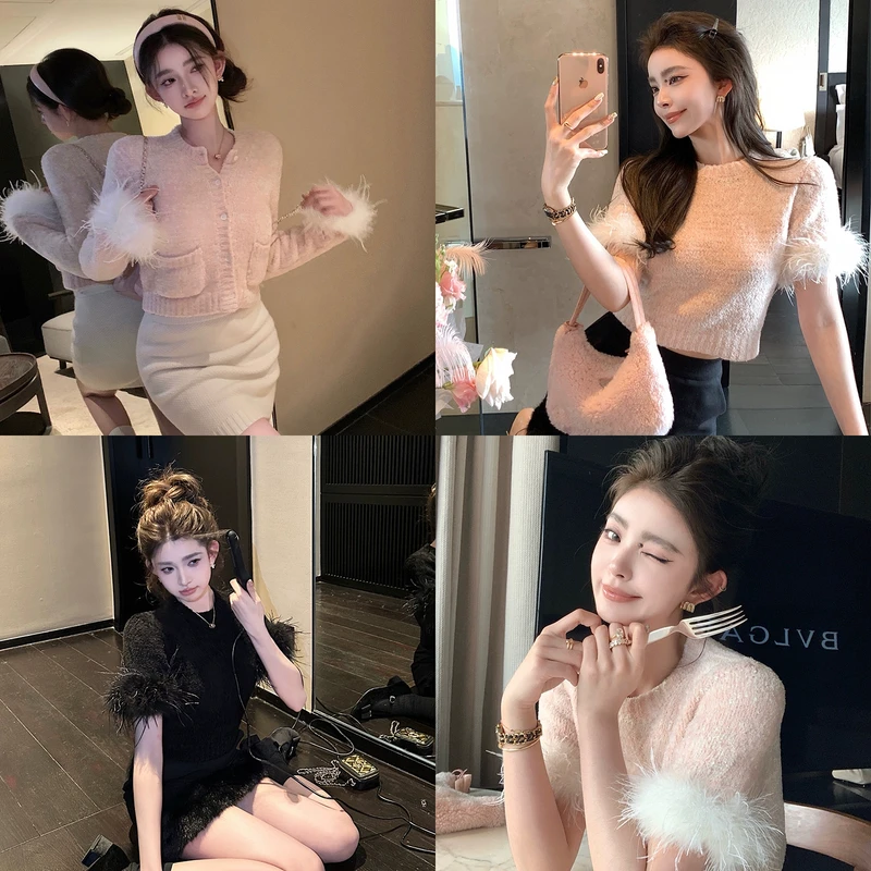 Pr*da千金”早春高质羊毛混纺+鸵鸟毛自带仙气贵感精致上衣/开衫