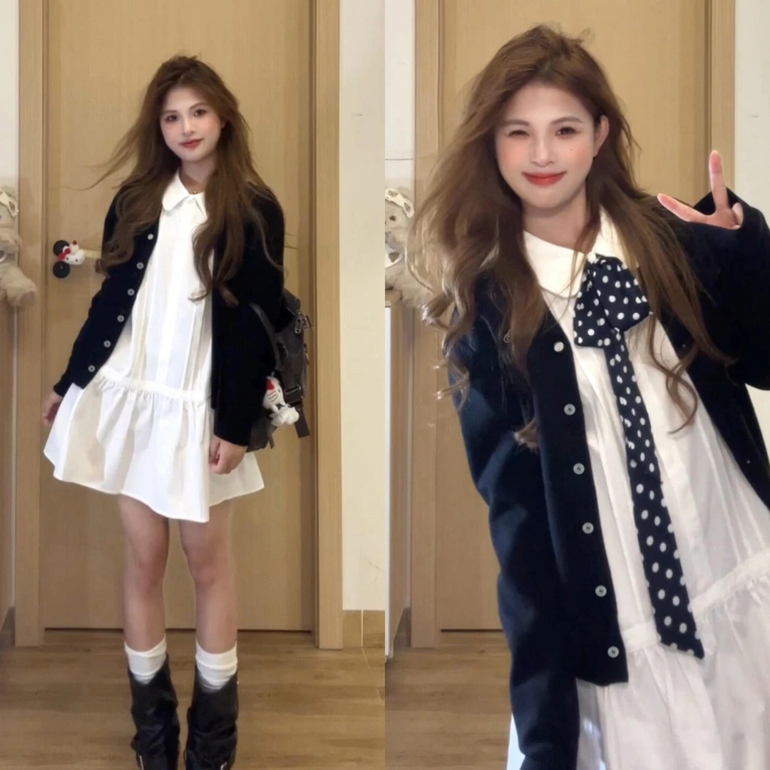 法式白色娃娃领长袖衬衫连衣裙子女早秋季2025新款穿搭一整套短裙