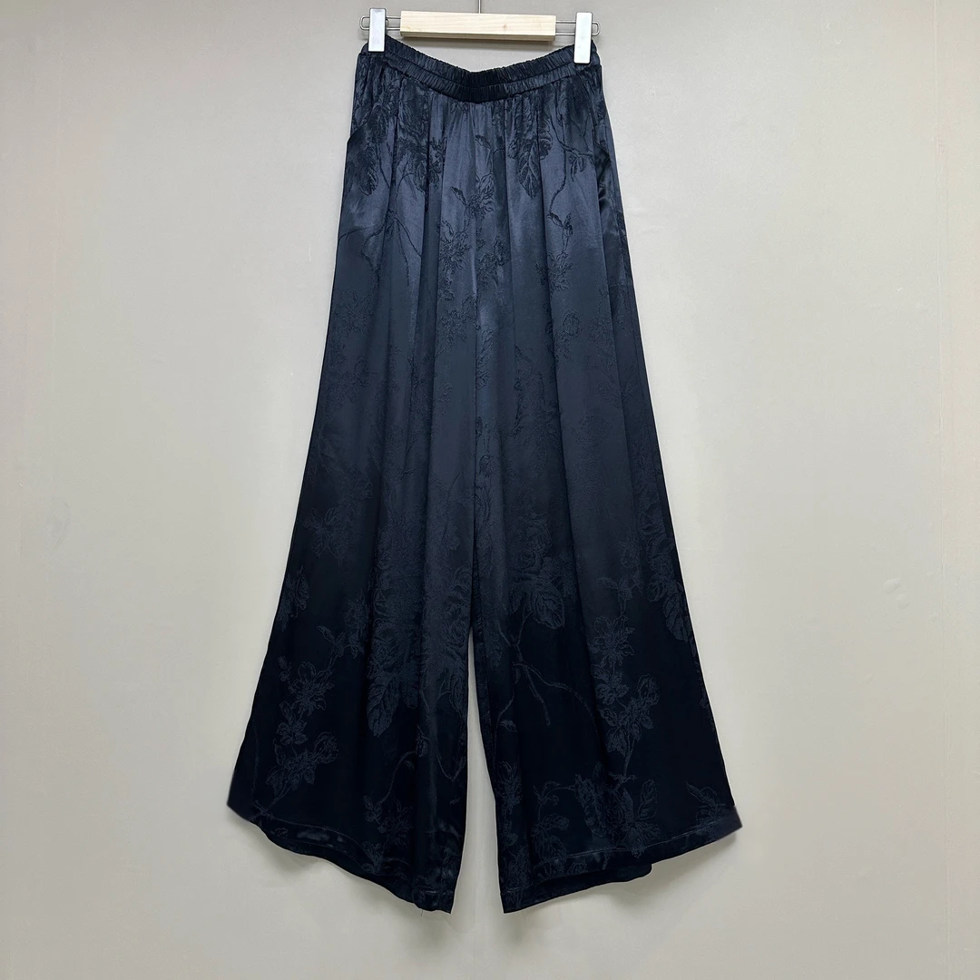 直筒裤原创款版型好 显瘦松紧腰桑蚕丝刺绣黑色牡丹花阔腿裤6185