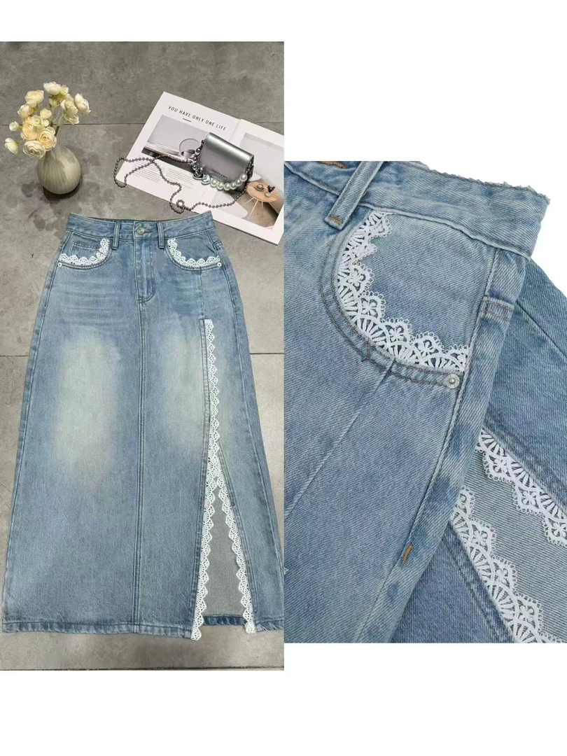 1QZ17依美丁时尚显瘦蕾丝花边侧开叉设计牛仔半长裙