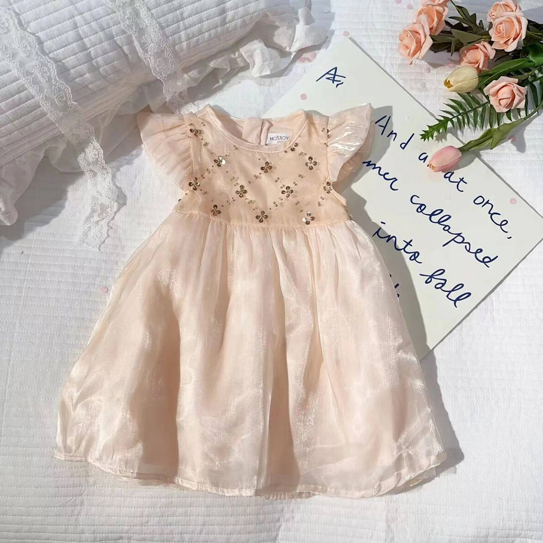 汤圆家童装2025夏季新款韩系亮片飞飞袖连衣裙 XA-852