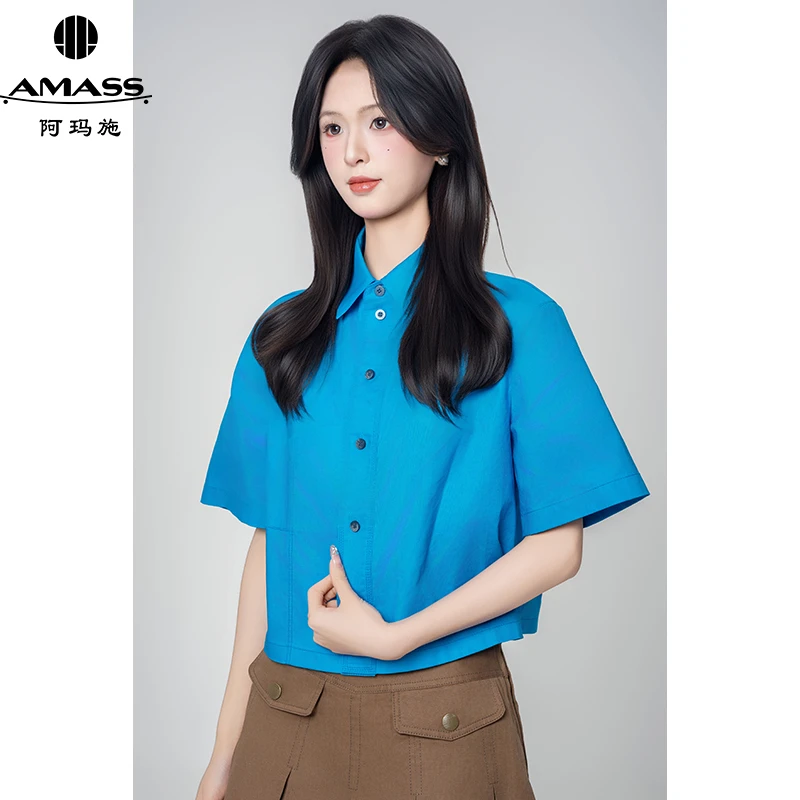 AMASS/阿玛施春夏新款气质时尚短款翻领简约纯色短袖衬衫女530050