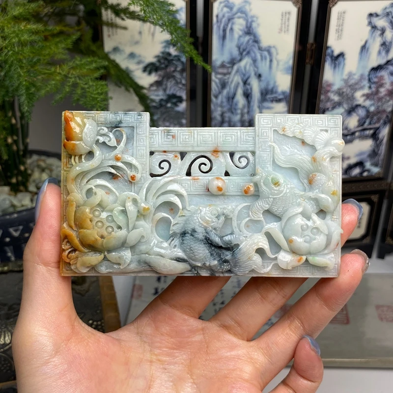 毛货 老料洒金黄翡飘花莲年有余年年有余玉横挂件 天然翡翠A货