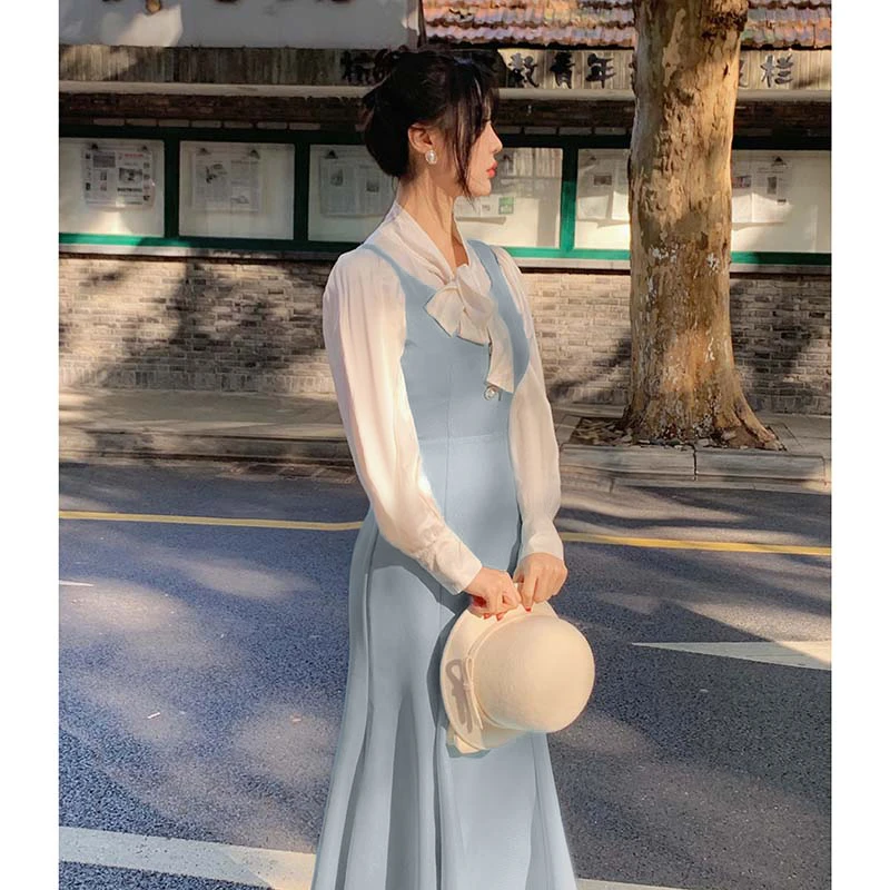 【V】2025秋季新款法式少女气质甜美中长款鱼尾背心修身连衣裙D3533
