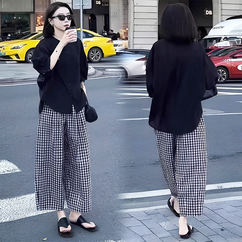 女装夏装套装2025新款爆款洋气减龄衬衫格子阔腿裤慵懒风两件套女