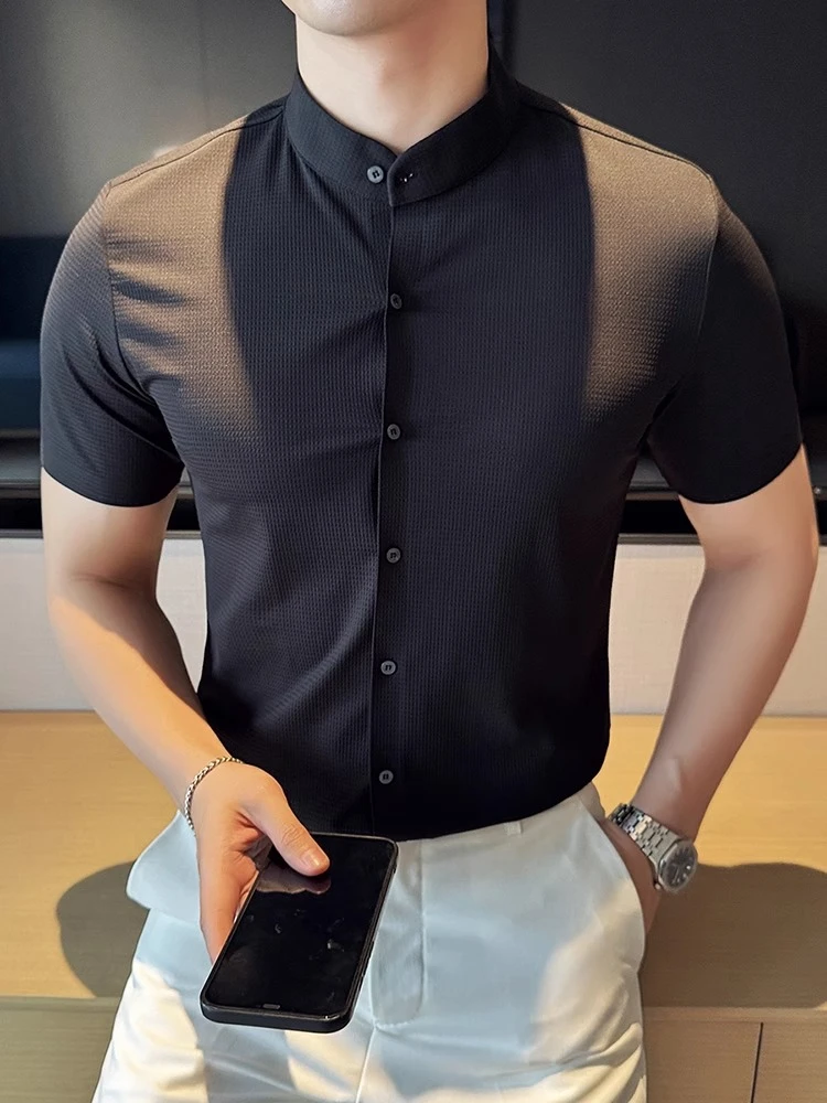 新中式立领痞帅短袖衬衫男夏季薄款商务休闲百搭高级感华夫格衬衣
