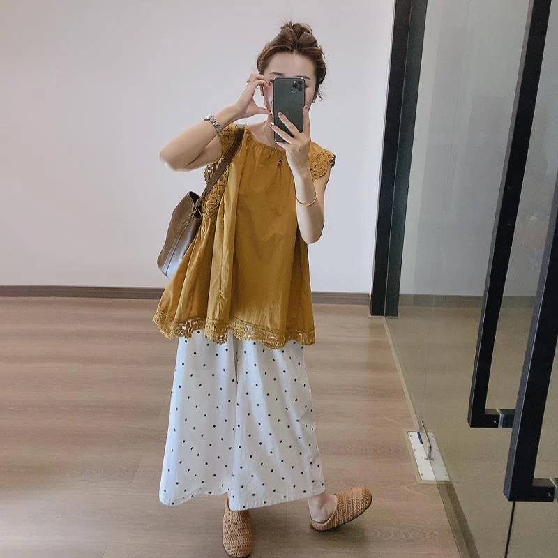 [诱家]2025新款韩系法式花边蕾丝拼接无袖圆领上衣波点裤套装