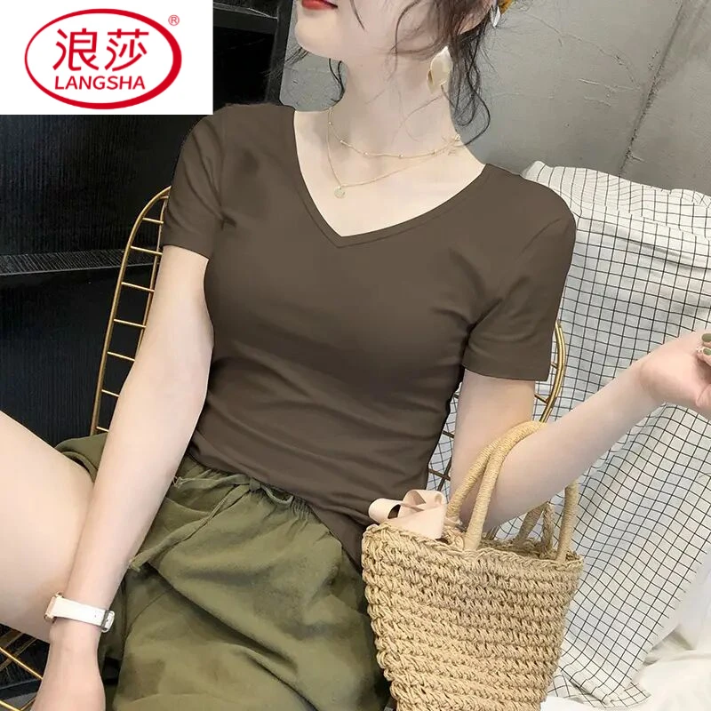 浪莎复古咖色T恤女短袖夏季修身小众气质半袖人V领显瘦上衣