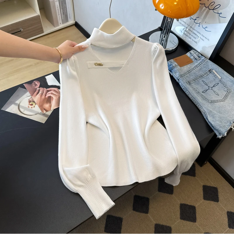 早秋2025新款镂空半高领长袖针织衫大码女装胖mm高级遮肚打底上衣