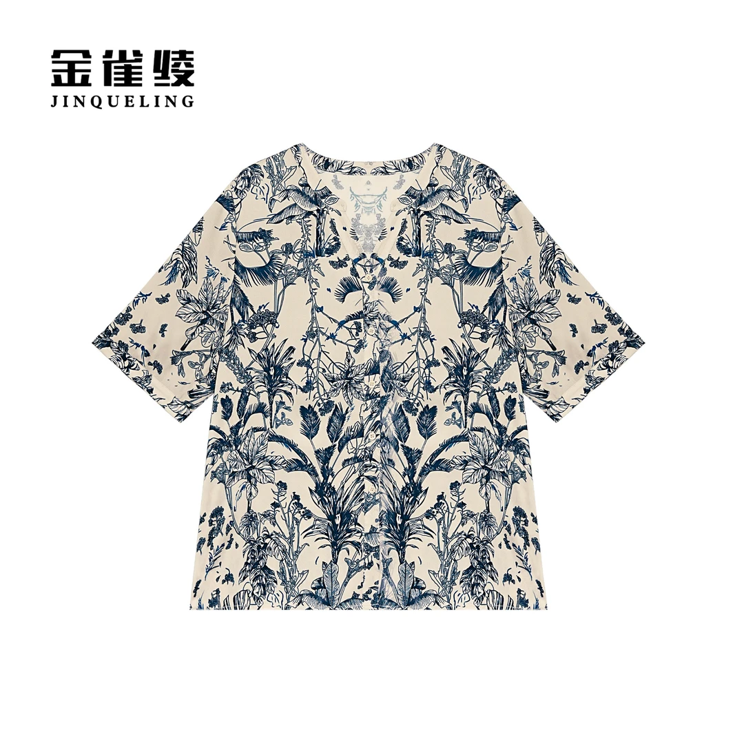 金雀绫【知青墨】桑蚕丝设计师碎花亲肤加宽加大女装小衫SZA1S194