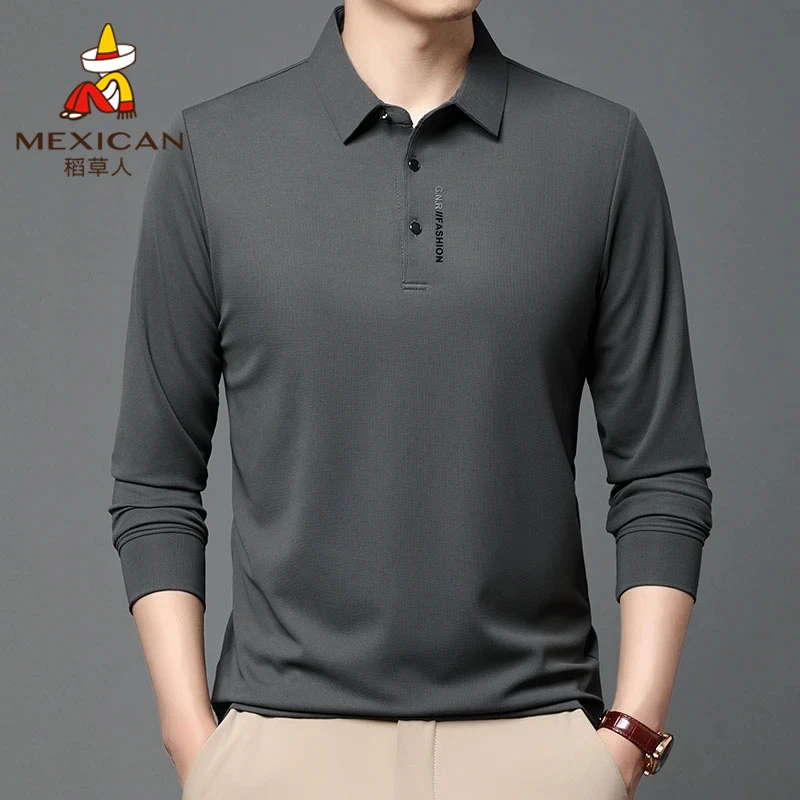 Mexican/稻草人男士长袖Polo衫春秋商务翻领休闲印花上衣宽松t恤
