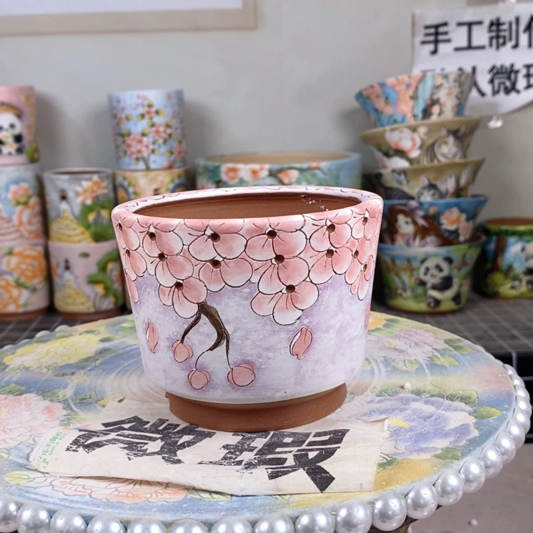 紫砂花盆红陶手绘花盆