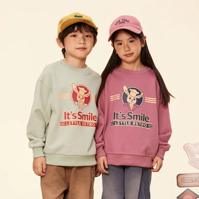 Its smile 24秋装儿童复古兔子印花水洗卫衣男童女童全棉毛圈上衣