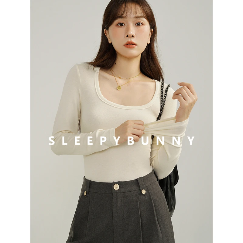 L瞌睡兔【清苍】方领正肩长袖T恤内搭修身显瘦露锁骨打底衫女22444