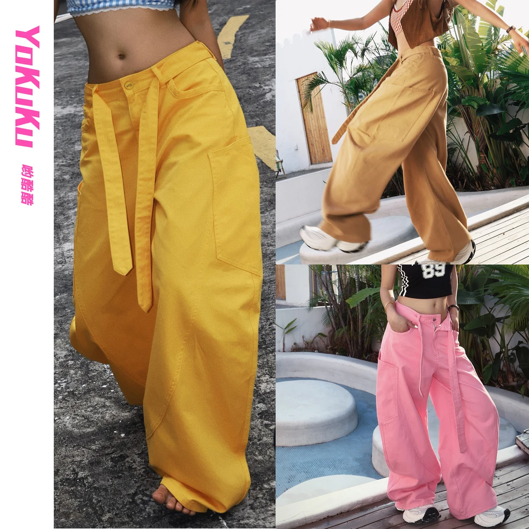 哟酷酷（野生主义）秋款美式腰带宽松遮肉显瘦休闲阔腿弯刀牛仔裤