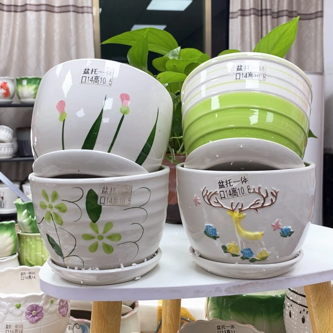 @陶瓷花盆@@四个手绘