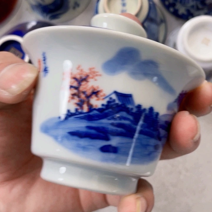 瓷片景德镇手作山水红果盖碗