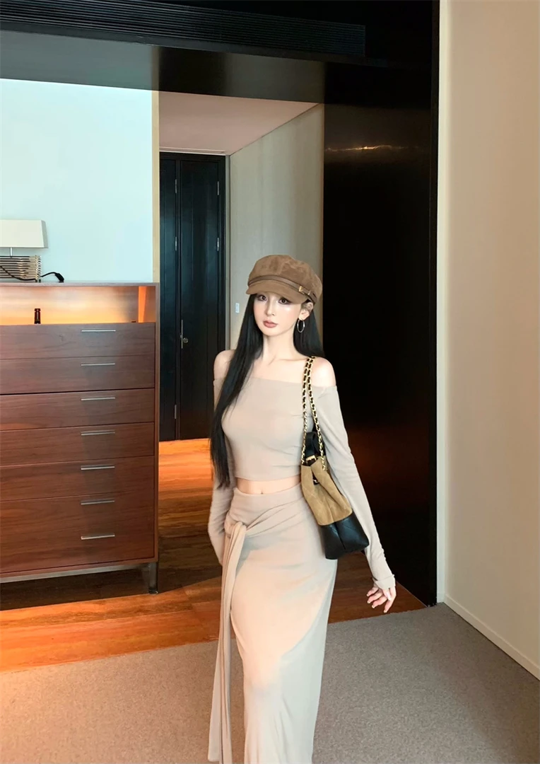 时髦设计感绑带一字肩休闲T恤夏季气质包臀上衣半身裙子套装#8224