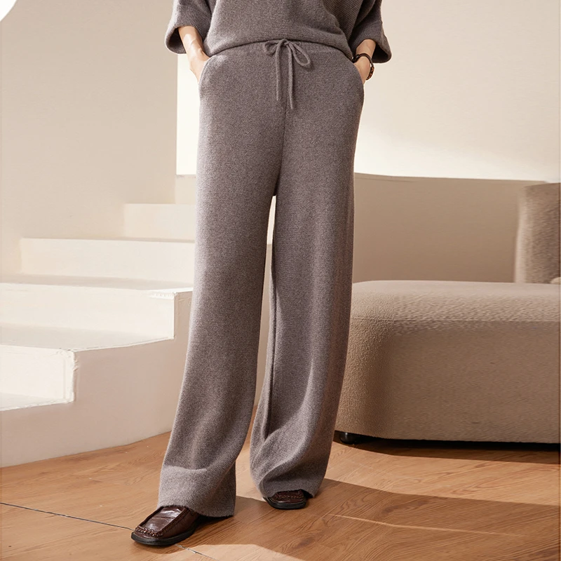 精纺100%山羊绒12针单股线阔腿裤