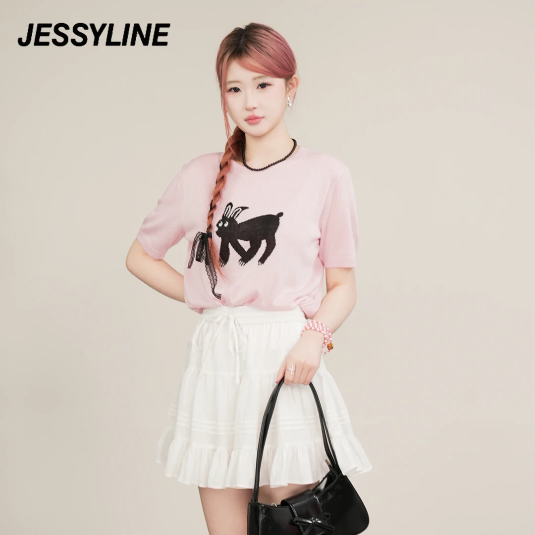 jessyline 2025夏季新款 杰茜莱粉色针织衫短袖t圆领百搭休闲时尚