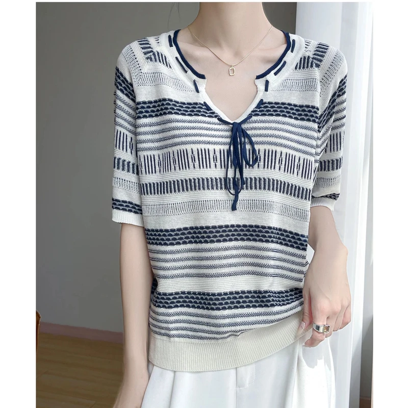 25简约复古天丝苎麻V领系带撞色短袖针织衫小众时尚减龄慵懒上衣