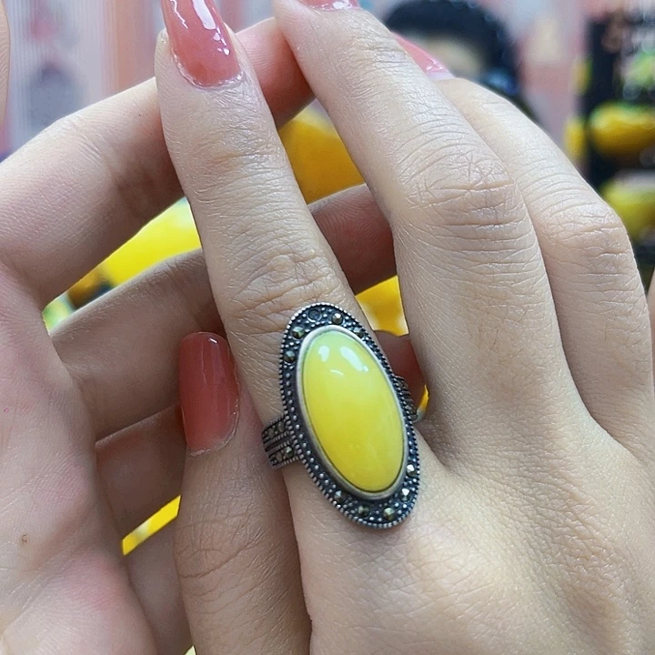 琥珀银S925镶嵌颈饰戒指