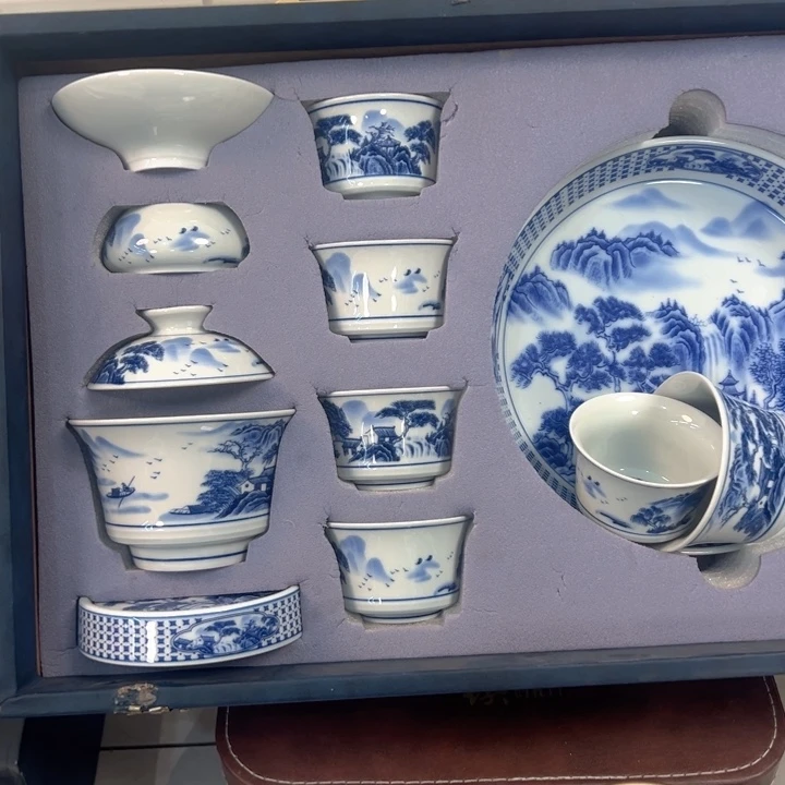 瓷片白青花山水十件套全品