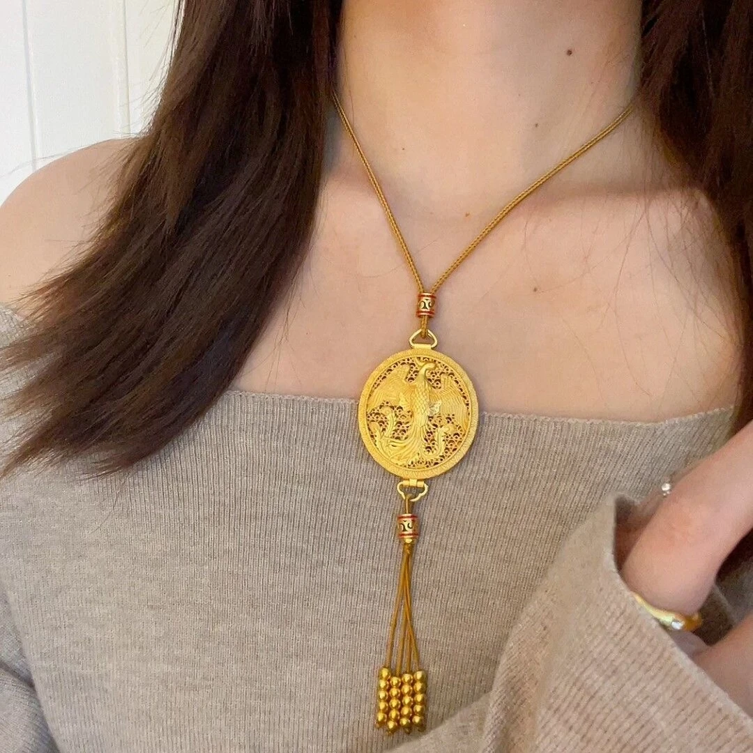 铜合金项链 新中式凤凰香囊吊坠项链中式国潮风复古毛衣链女