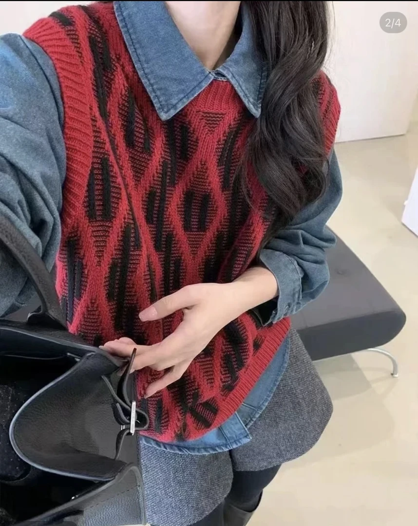 DD- W3397休闲百搭牛仔衬衣毛衣马甲两件套